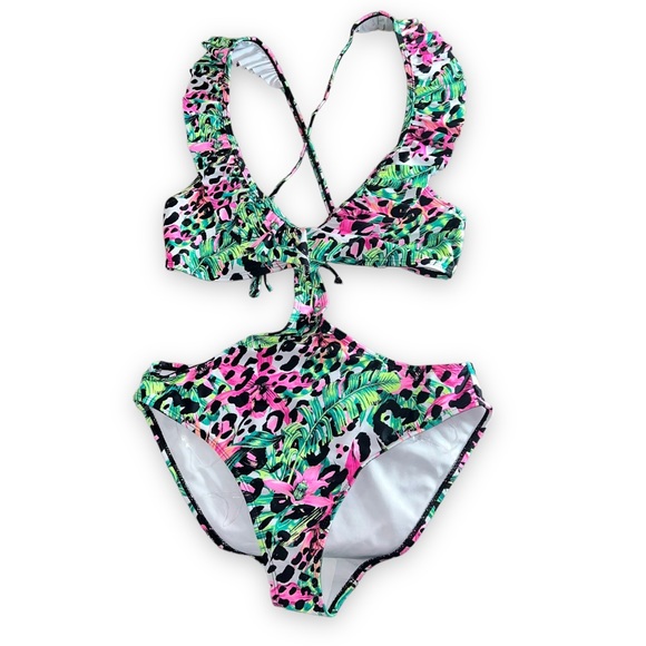 NEW LA LA Swim Floral Cheetah One Piece Swimsuit Swimwear Women’s Size Medium - Picture 3 of 9
